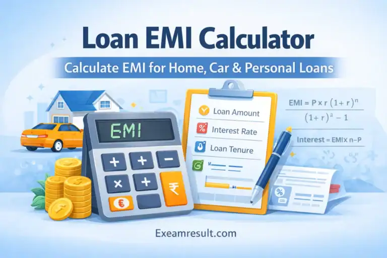 Calculator with EMI formula for home, car, personal loans at Eexamresult.com.