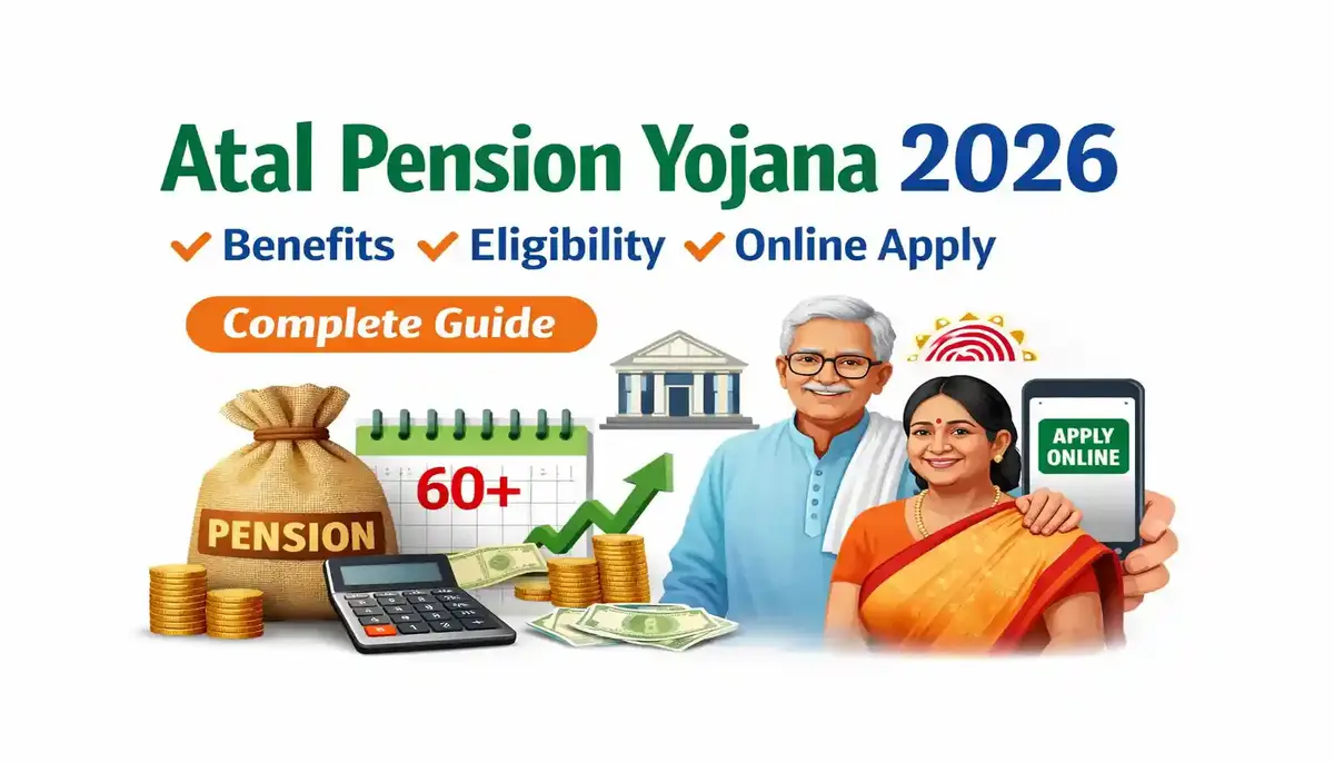 Atal Pension Yojana 2026 complete guide showing benefits, eligibility and online apply process with pension, calculator and senior citizen illustration on white background