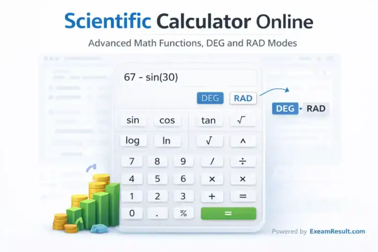 Scientific online calculator for advanced math functions, DEG and RAD modes for exams.