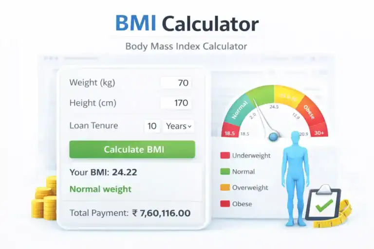 BMI calculator for health assessment and body weight analysis with visual indicator and data overview.