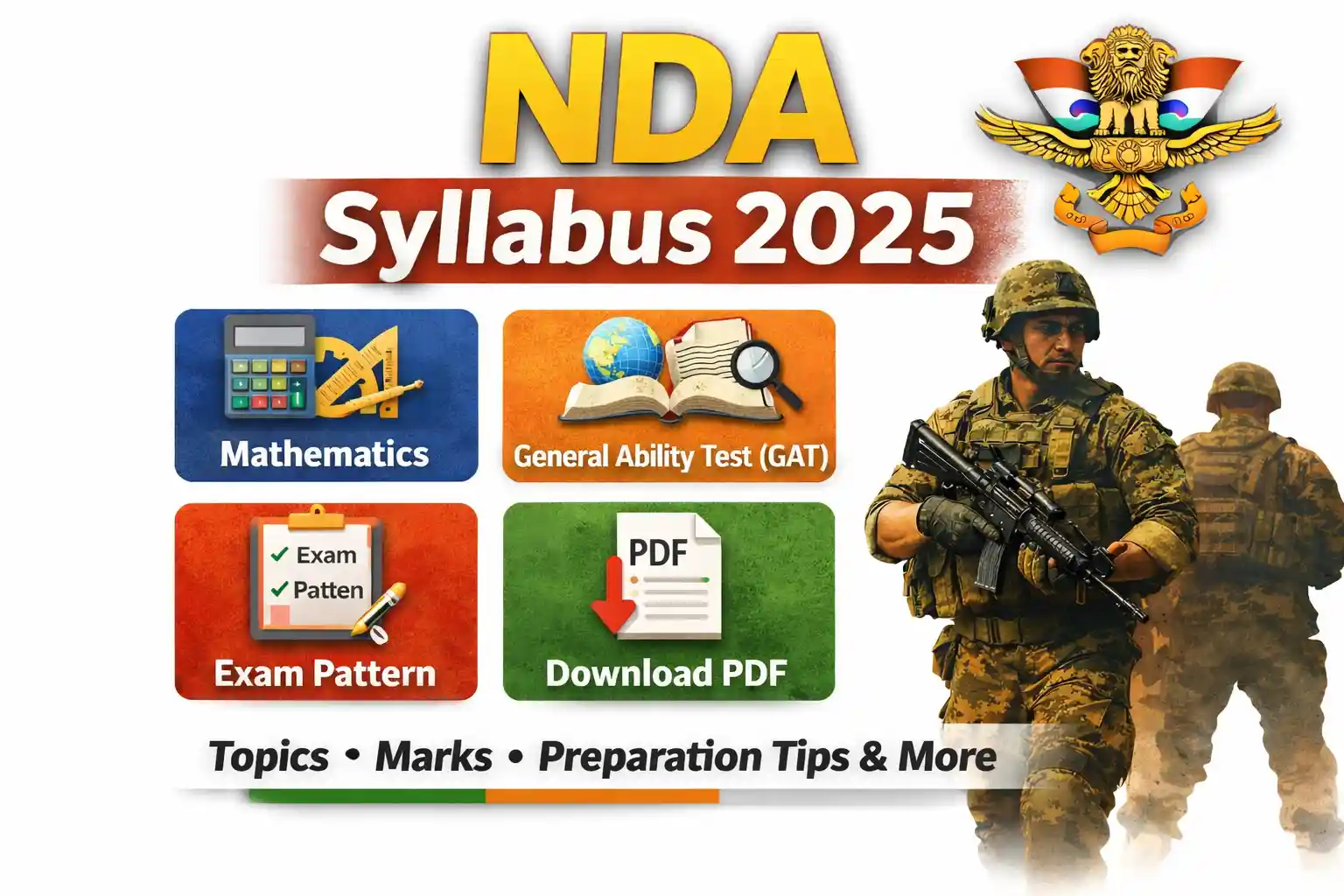 Soldier in military gear holding a rifle with NDA syllabus 2025 information in the background.